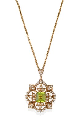 Lot 2001 - A Peridot and Split Pearl Pendant/Brooch, an emerald-cut peridot in a yellow claw setting, within a