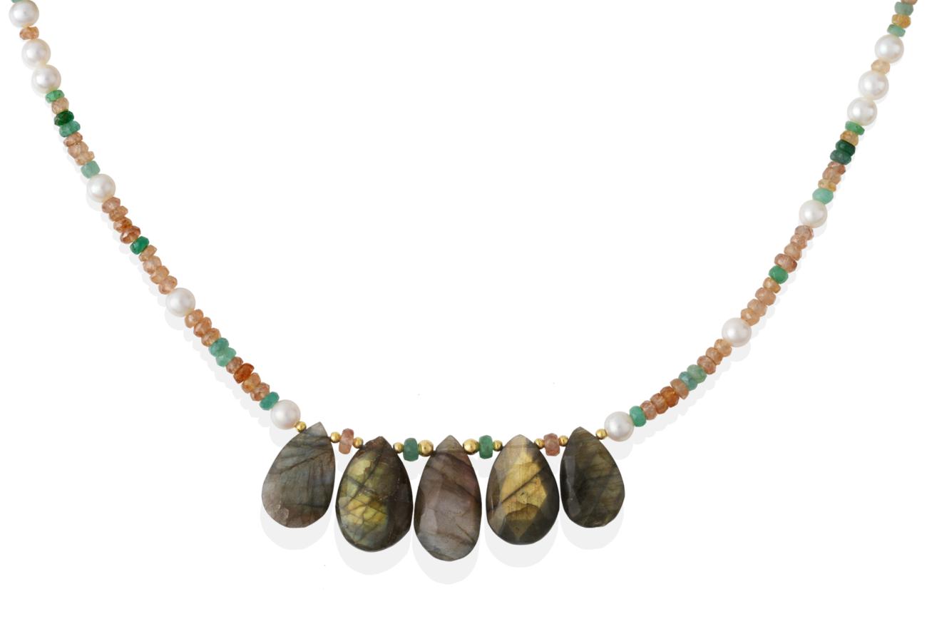Lot 2014 - A Zircon, Emerald, Labradorite and Cultured Pearl Necklace, faceted champagne zircon beads and...
