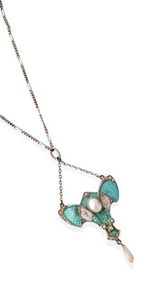 Lot 2015 - An Enamel Pendant on Chain, the panel enamelled in turquoise with seed pearls set throughout,...