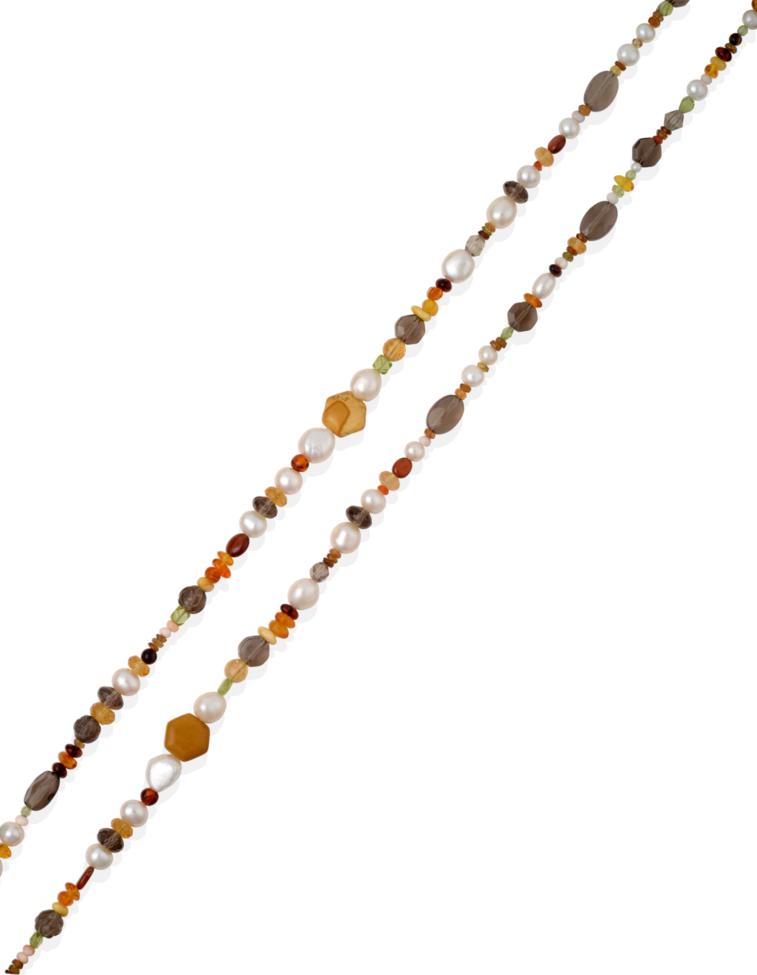 Lot 2031 - A Multi-Gemstone Bead Necklace, cultured pearls spaced by orange sapphire, peridot, smoky...