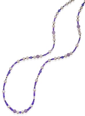 Lot 2046 - A Purple Opal, Amethyst, Lapis Lazuli and Cultured Pearl Necklace, purple opal, amethyst and...