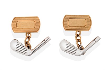 Lot 2052 - A Pair of 9 Carat Two Colour Gold Golf Club Cufflinks, a yellow oblong engine-turned panel...