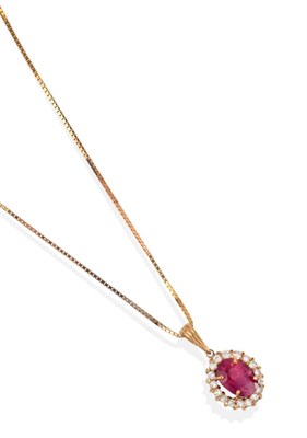 Lot 2055 - A Padparadscha Sapphire and Diamond Cluster Pendant on Chain, the oval cut sapphire within a border