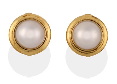 Lot 2065 - A Pair of Mabe Pearl Earrings, the large round mabe pearl in yellow collet mounts, diameter...