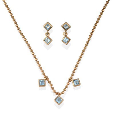 Lot 2069 - A 9 Carat Gold Aquamarine Necklace and Earring Set, the necklace of bead links with three...