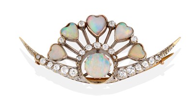 Lot 2075 - An Opal and Diamond Brooch, a crescent form set with a round cabochon opal and graduated old...