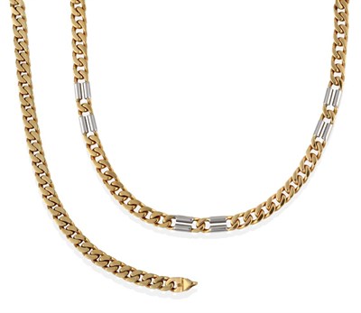 Lot 2081 - A Fancy Link Necklace, a yellow curb link chain spaced by elongated white links, length 45.5cm; and