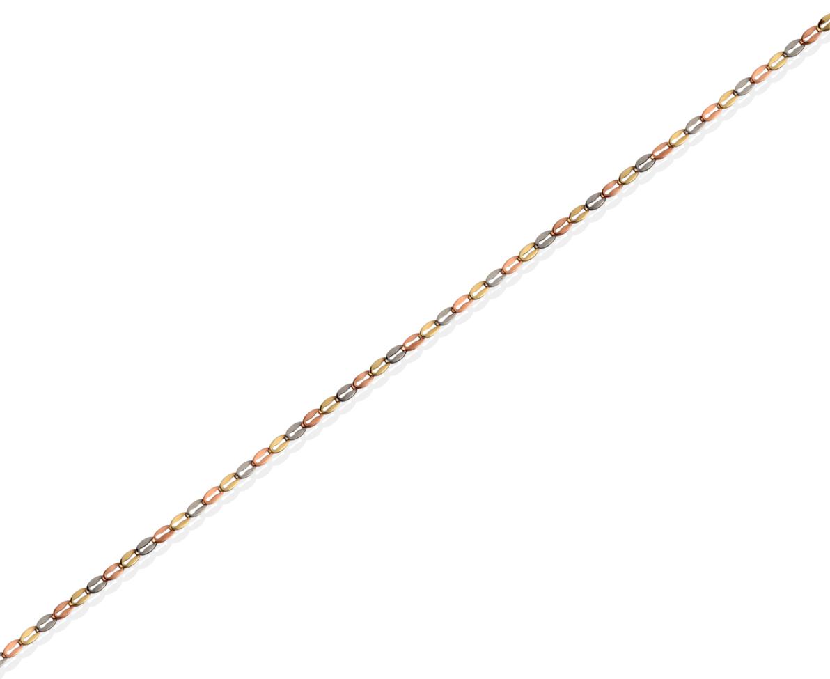 Lot 2088 - A 9 Carat Tri-Coloured Gold Fancy Link Necklace, of alternating colour coffee bean link form,...