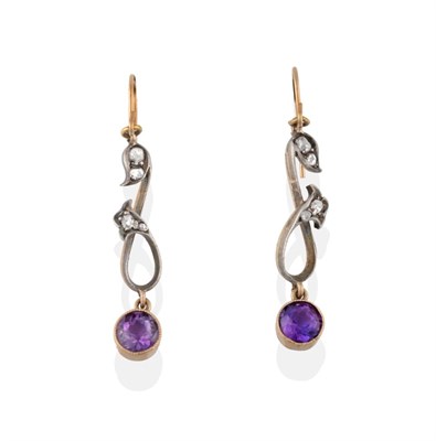 Lot 2094 - A Pair of Amethyst and Diamond Drop Earrings, two rose cut diamonds in white claw and rubbed...