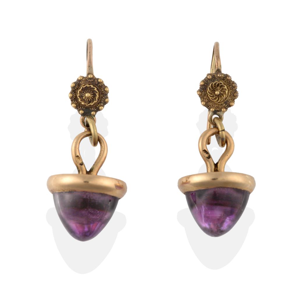 Lot 2095 - A Pair of Amethyst Drop Earrings, the oval cabochon amethyst in a yellow rubbed over setting...