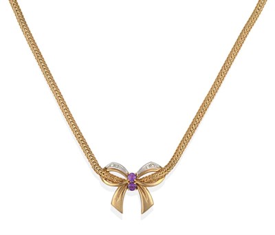 Lot 2096 - A 9 Carat Gold Amethyst and Diamond Necklace, a bow motif set centrally with two round...