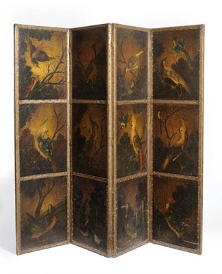 Lot 1543 - A Polychrome and Close Nailed Leather Four-Leaf Screen, each leaf with three panels depicting...