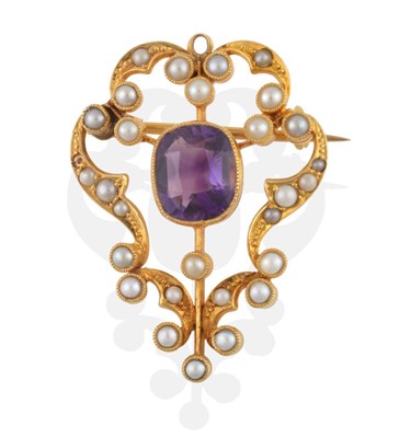 Lot 2104 - An Amethyst and Seed Pearl Brooch/Pendant, a cushion cut amethyst in a yellow millegrain...