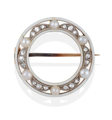 Lot 2108 - An Early 20th Century Diamond and Pearl Hoop Brooch, the hoop with white enamel borders, six pearls