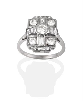 Lot 2114 - An Art Deco Style Diamond Cluster Ring, the plaque form inset with round brilliant and baguette cut