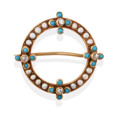 Lot 2148 - A Pearl, Turquoise and Diamond Hoop Brooch, the circular form with four quatrefoil clusters of...