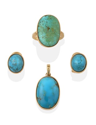Lot 2150 - A Turquoise Pendant, the oval cabochon turquoise in a yellow rubbed over setting, measures 1.6cm by