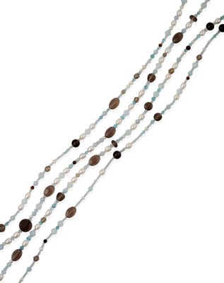 Lot 2151 - A Multi-Gemstone Bead Necklace, cultured pearls spaced by aquamarine, smokey quartz,...