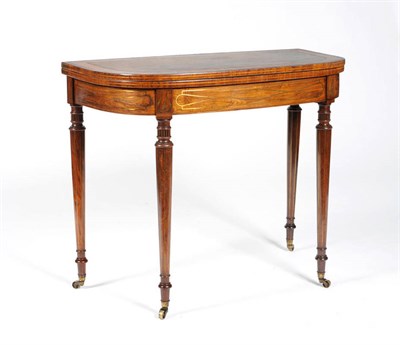 Lot 1548 - A Regency Rosewood, Satinwood Banded and Brass Strung Card Table, 2nd quarter 19th century, the...