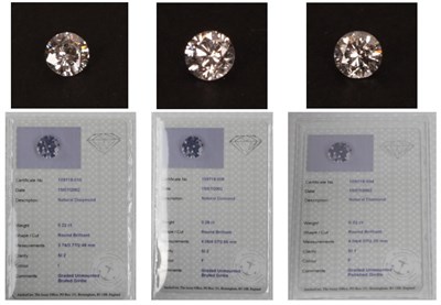 Lot 2157 - Three Loose Diamonds; all round brilliant cut stones, each with an Anchorcert lab report dated...