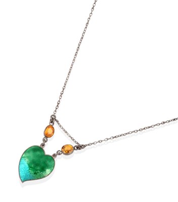 Lot 2161 - An Enamel Pendant on Chain, a heart motif enamelled in green tones, suspended by chains set with an