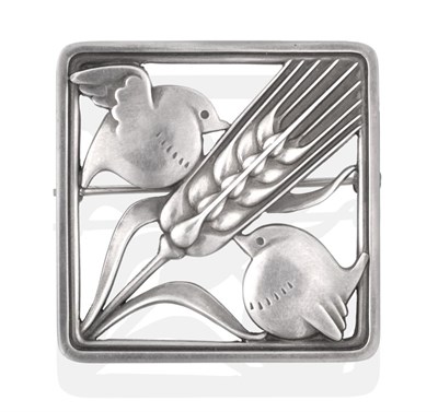 Lot 2165 - A Silver Brooch, by Georg Jensen, the square frame with a wheatsheaf diagonally and a bird in...