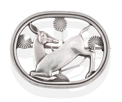 Lot 2167 - A Silver Brooch, by Georg Jensen, a kneeling deer within a double border, numbered 256,...