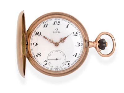 Lot 2175 - A 14ct Gold Full Hunter Pocket Watch, signed Omega, circa 1920, lever movement, enamel dial...