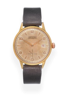 Lot 2188 - A Gold Plated Calendar Wristwatch, signed Movado, model: Calendoplan, circa 1955, (calibre 128)...