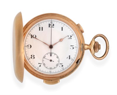 Lot 2191 - A 14ct Gold Full Hunter Quarter Repeating Chronograph Pocket Watch, circa 1910, gilt finished lever