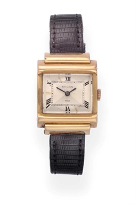 Lot 2214 - An 18ct Gold Square Shaped Wristwatch, signed Rolex, Paris, circa 1950, lever movement signed...