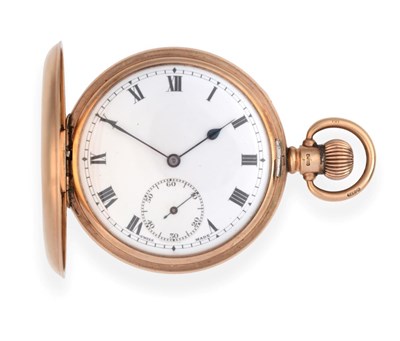 Lot 2219 - A 9ct Gold Full Hunter Pocket Watch, 1920, lever movement stamped D.F&C, enamel dial with Roman...