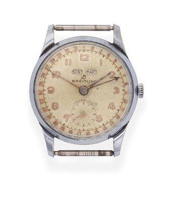 Lot 2224 - A Chrome and Steel Triple Calendar Wristwatch, signed Breitling, model: Daytora, circa 1950,...