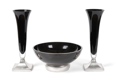 Lot 2237 - A Three-Piece Elizabeth II Silver-Mounted Black Glass Table Garniture, The Silver Mounts by...