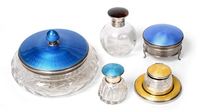 Lot 2263 - Three Enamelled Silver Dressing-Table items, comprising: a compressed circular jar with blue...