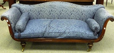 Lot 1559 - A William IV Rosewood Framed Scroll End Settee, 2nd quarter 19th century, upholstered in blue...