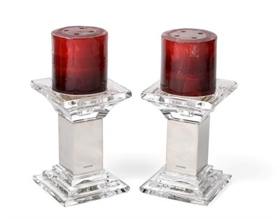 Lot 2302 - A Pair of Elizabeth II Silver-Mounted Glass Candlesticks, by Carrs, Sheffield, 2007, the square...