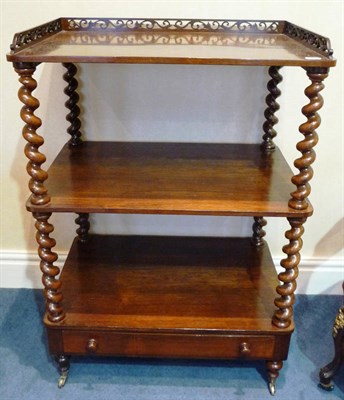 Lot 1563 - A Victorian Rosewood Three Tier Whatnot, 3rd quarter 19th century, with three-quarter fret cut...