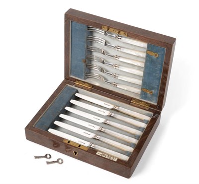 Lot 2315 - Six Pairs of George V Silver-Mounted Mother-of-Pearl Fruit Knives and Forks, by Walker and...