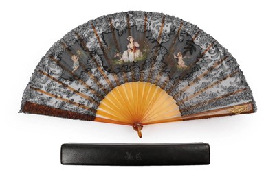 Lot 2131 - Lace and Lasellaz: A Fine and Large Late 19th Century Black Chantilly Lace and Painted Fan, the...