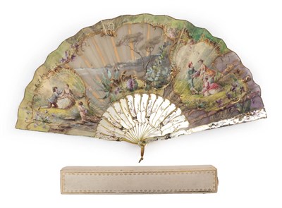 Lot 2100 - An Art Nouveau Fan, with painted and gilded mother-of-pearl monture, the pearl showing signs of dye