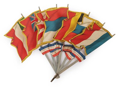 Lot 2102 - Flags Of The Allies, WWI: A Fan with wooden monture painted pale blue, each stick wrapped...