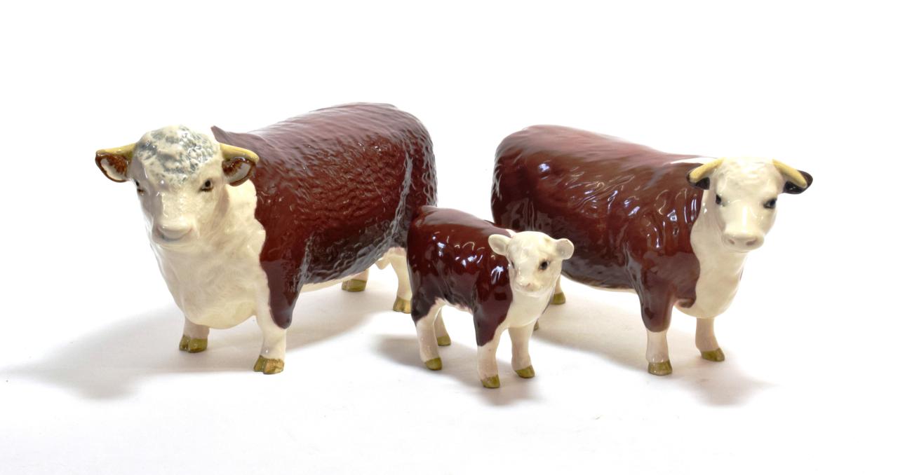 Lot 122 - Beswick Cattle Comprising: Hereford Bull, model No. 1363B, Hereford Cow, model No. 1360 and...