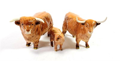 Lot 123 - Beswick Cattle Comprising: Highland Bull, model No. 2008, Highland Cow, model No. 1740 and Highland