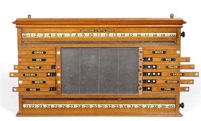 Lot 1585 - A Burroughs and Watts Oak Snooker Scoreboard, late 19th century, with revolving numbers, slate...