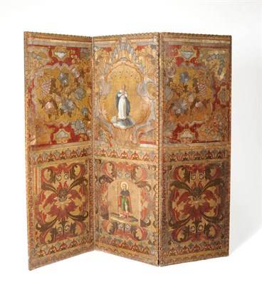 Lot 1588 - A 19th Century Painted Leather Three-Fold Screen, each panel close-nailed with brass studs and...