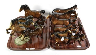 Lot 163 - Beswick bay/brown gloss horses and foals including: Exmoor Pony, model No. 1645, Hackney, model No.