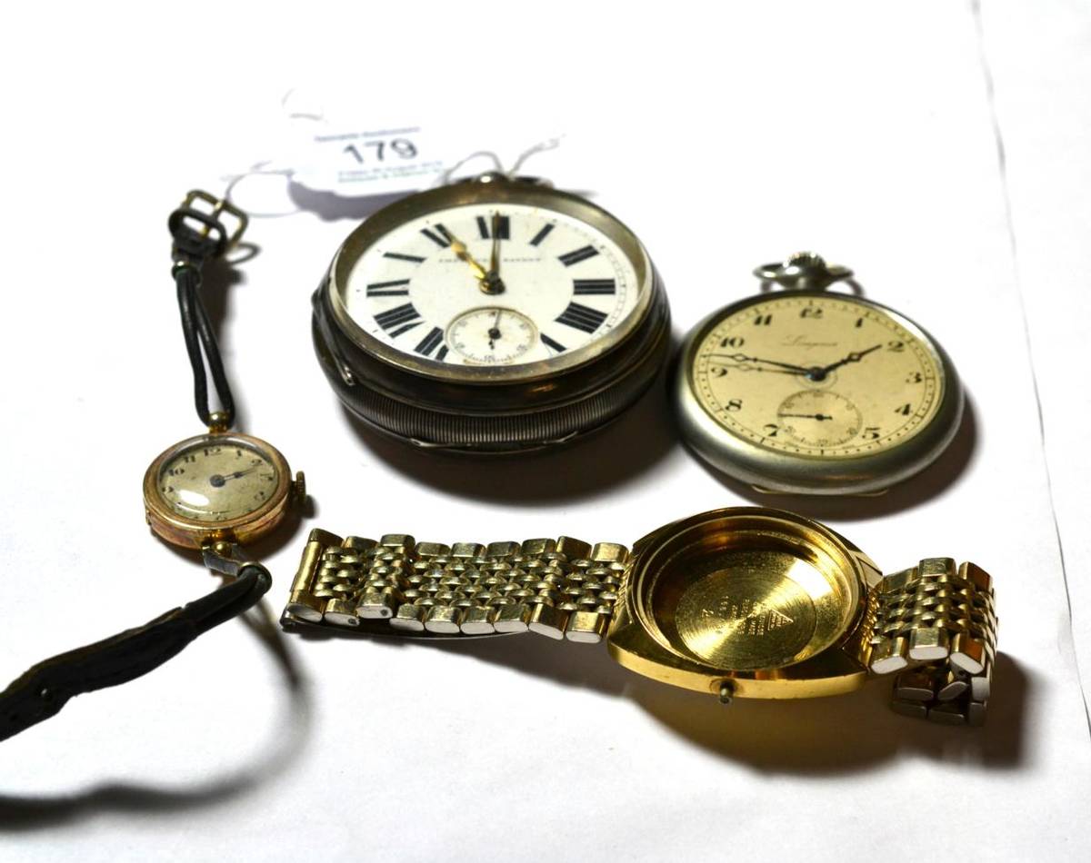 Lot 179 - A 9 carat gold lady's wristwatch; an Omega gold plated bracelet with clasp stamped '1068'; a silver