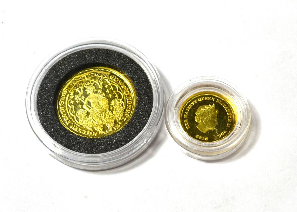 Lot 183 - A commemorative 22 carat gold restrike of an Edward III double leopard; with a 2010 gold half crown
