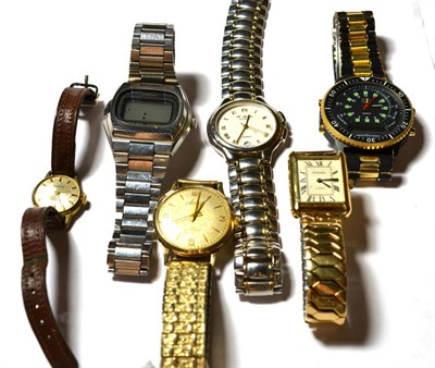 Lot 185 - A 9 carat gold Accurist wristwatch; a Seiko digital wristwatch; and four other wristwatches